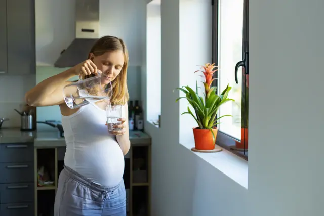 Focused Expectant Mother Holding Jug Glass