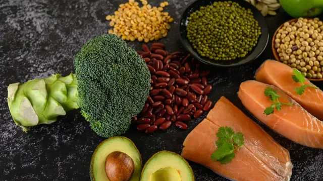 Legumes Broccoli Fruit Salmon Placed Black Cement Floor